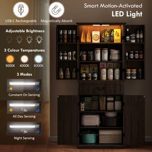 Country style storage unit with door shelves and LEDs, aged brown