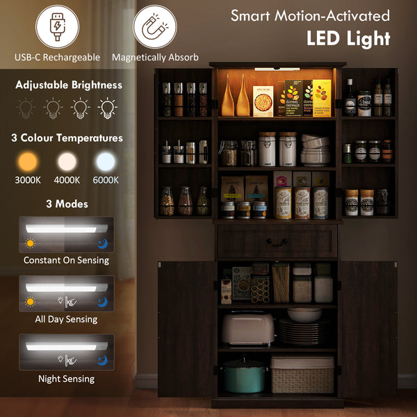 Country style storage unit with door shelves and LEDs, aged brown