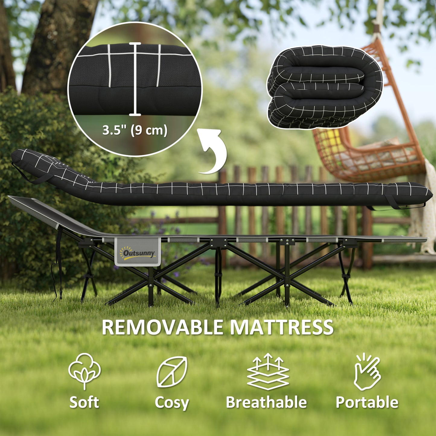 Lit de camp pour adultes avec matelas, poche de rangement, sac de transport, charge maximale 150 kg, noir