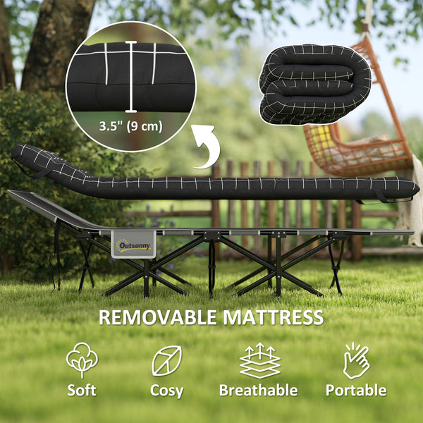 Adult camp bed with mattress, storage pocket, carrying bag, maximum load 150 kg, black