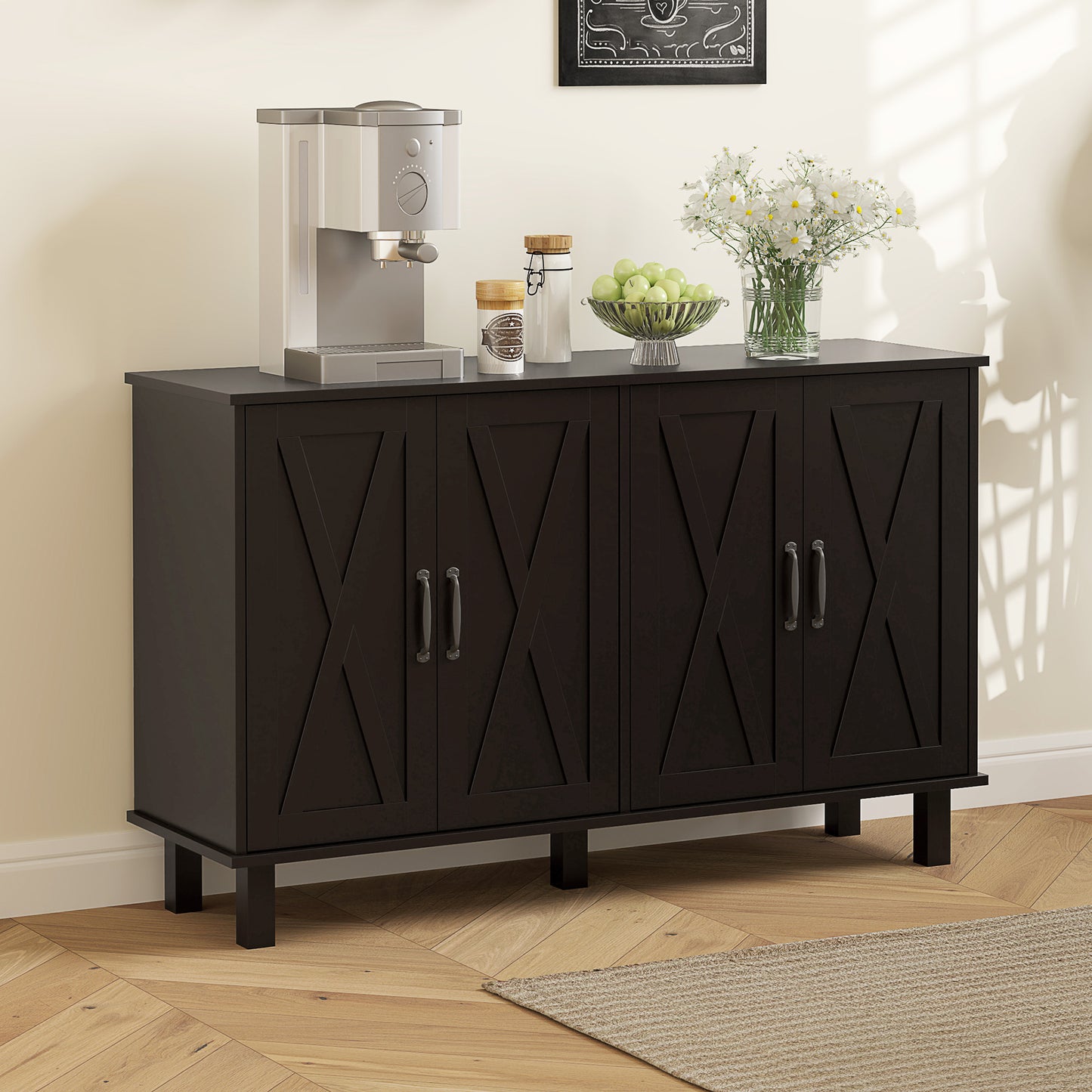 Buffet de cuisine avec 4 portes de grange et 2 étagères réglables, noir