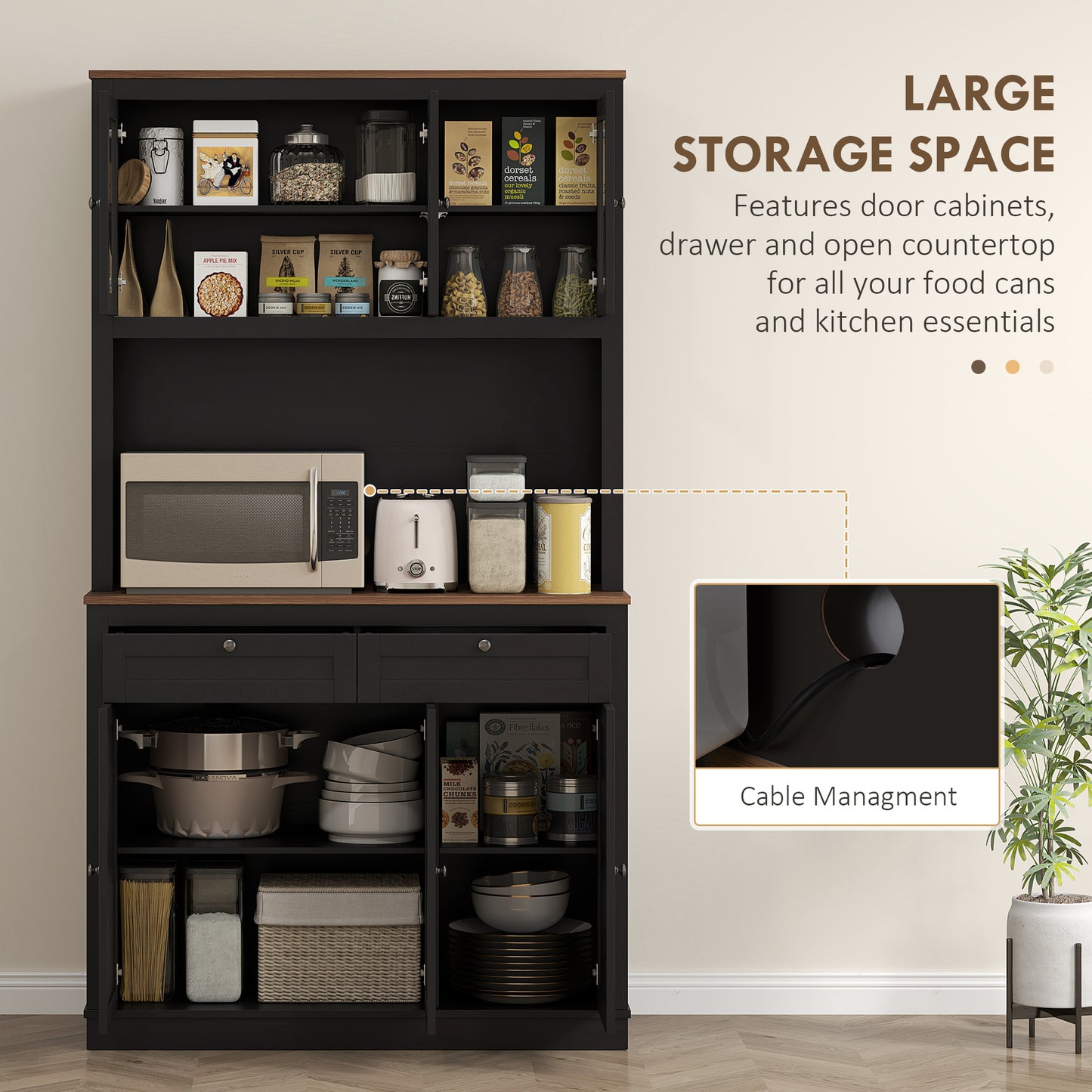 Armoire de rangement avec espace micro-ondes, buffet avec huche, 2 tiroirs, étagères réglables et portes vitrées, noir