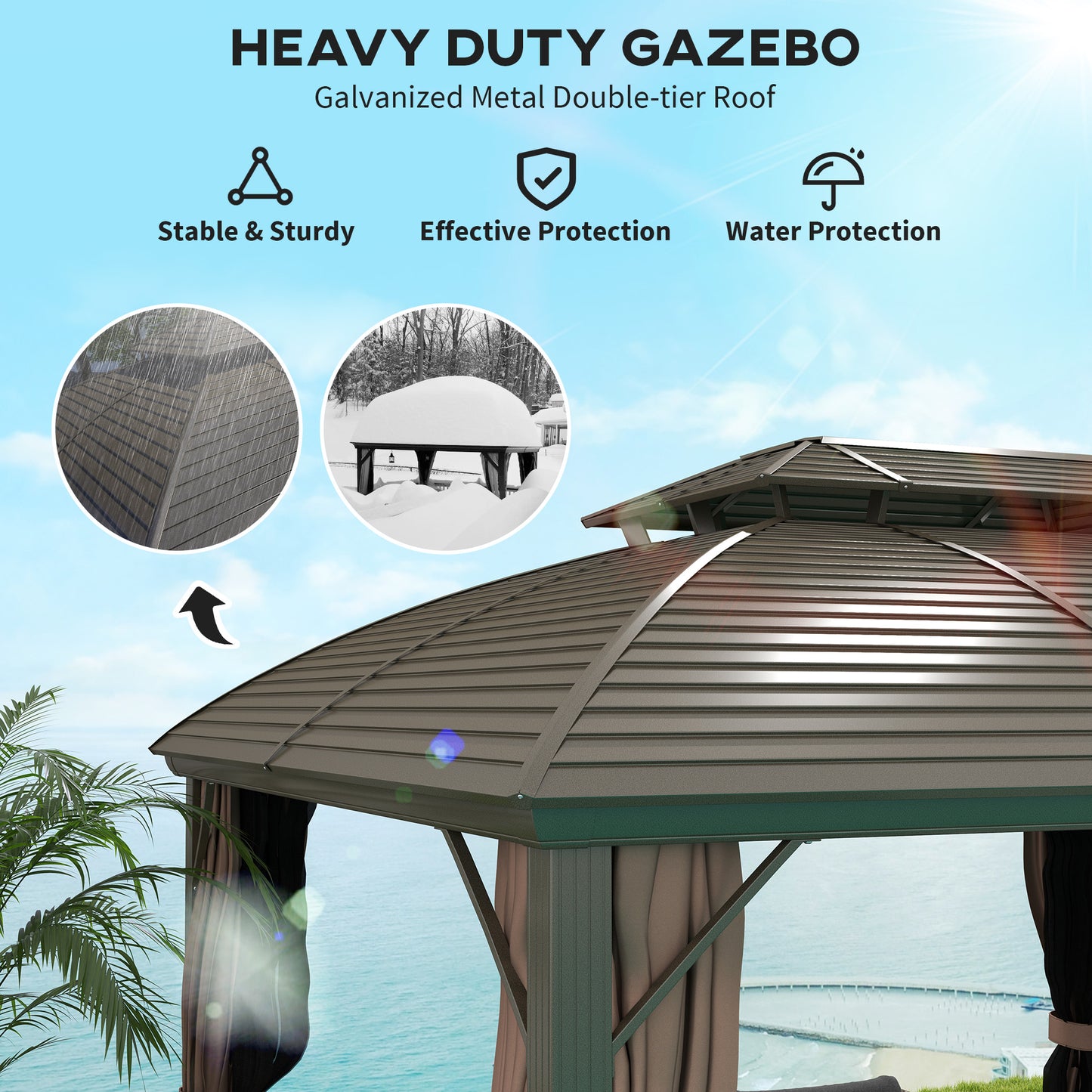 Outsunny 10' x 12' Hardtop Gazebo with Double Roof, Netting and Curtains for Garden, Backyard, Patio, Cafe