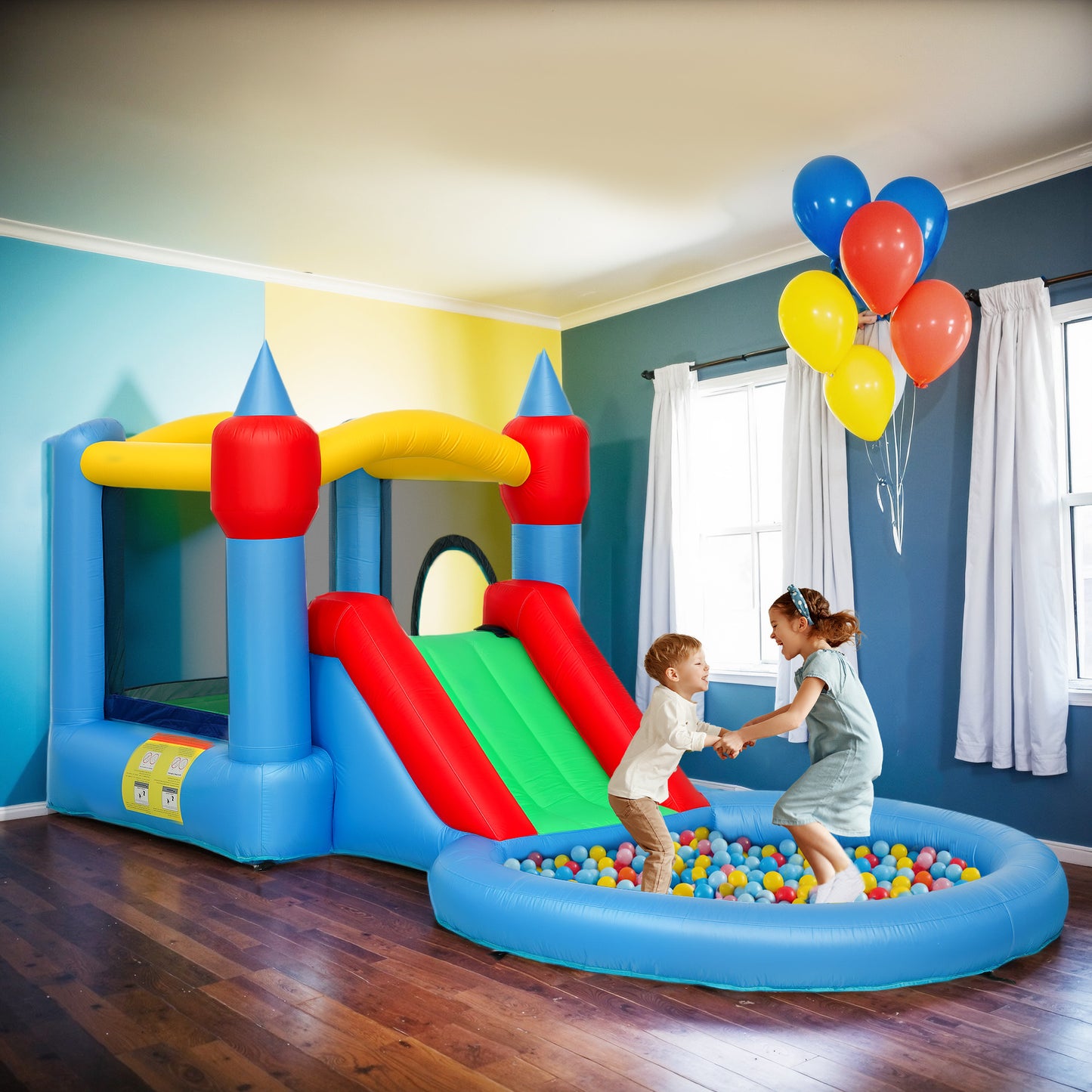 4-in-1 bouncy castle with slide, basketball hoop, ball pit, blower and storage bag, 410 x 205 x 190 cm