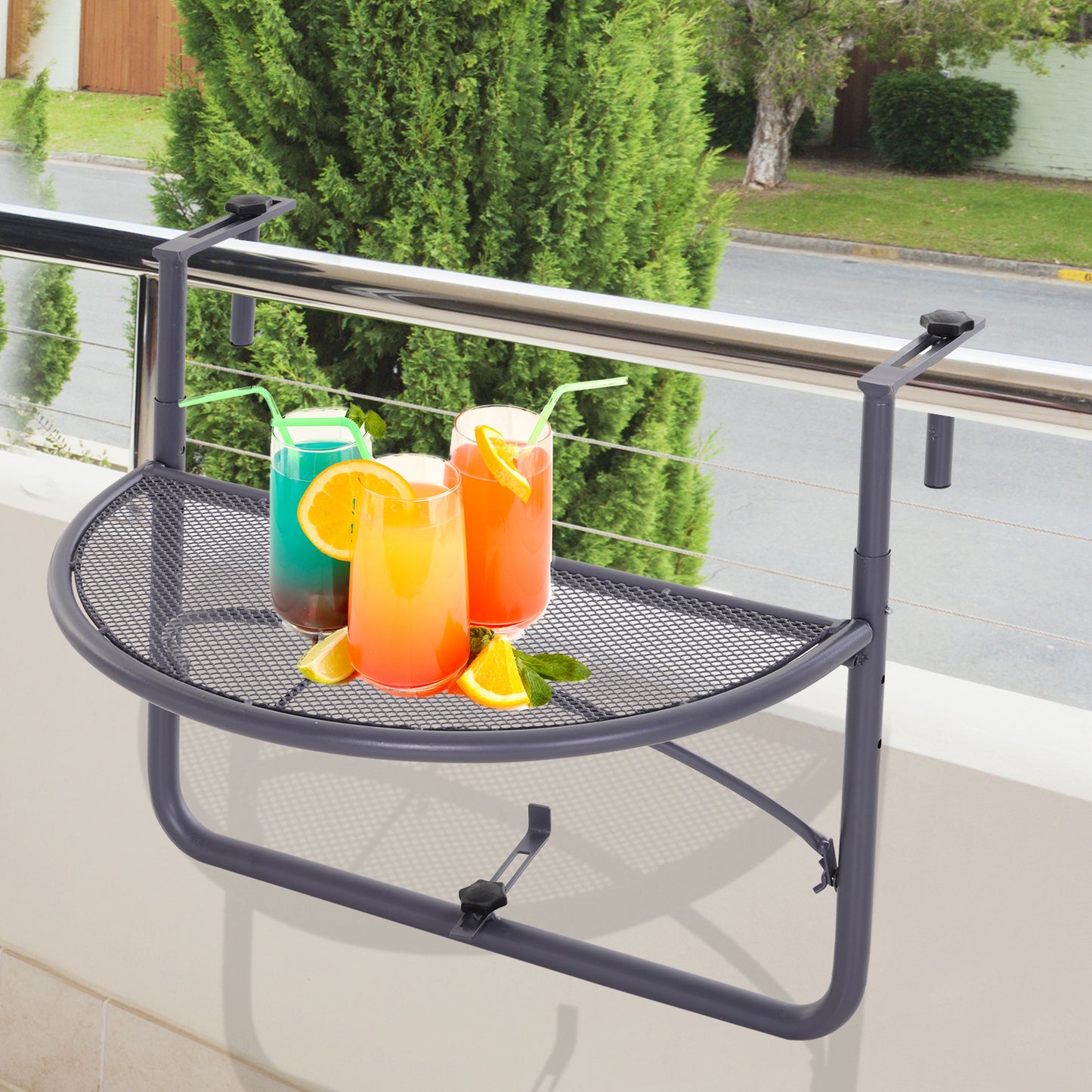 Outsunny Balcony Bliss: Hanging Rail Table, Adjustable Metal Wall Desk, Outdoor Storage Rack, Flower Stand, Serving Table, Gray |