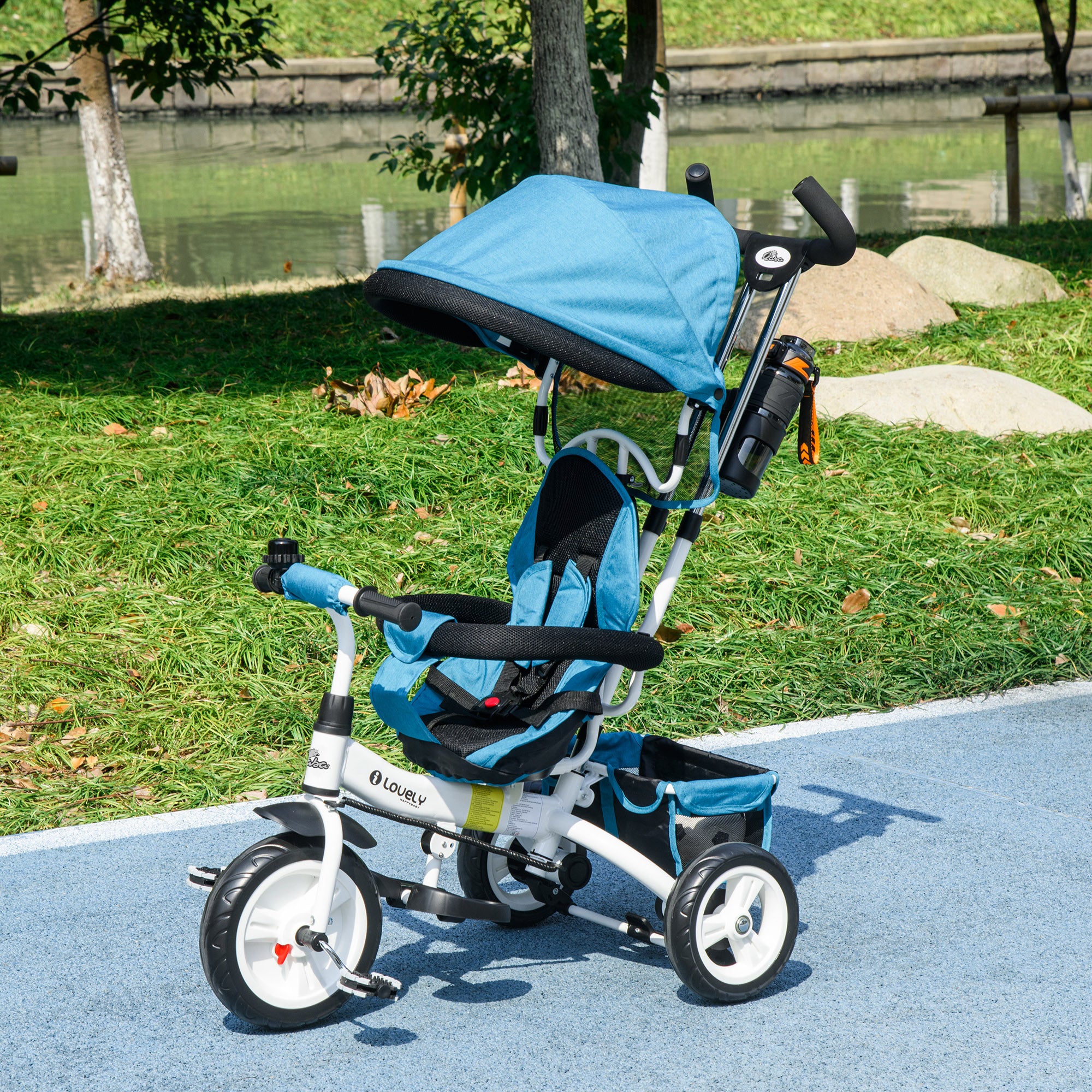 Tricycle 6-en-1, bleu, avec barre de poussée, capote et ceinture de sécurité
