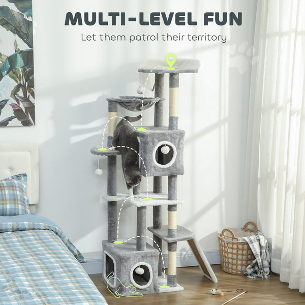 65-inch Cat Tree with 2 Doors, Plush Perch, Hammock, Sisal Scratching Posts, Grey