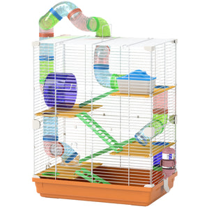 Cage pour hamster portable à 5 niveaux avec roues d'exercice, tube de jeu, bouteille d'eau, gamelle, échelle pour gerbilles, orange