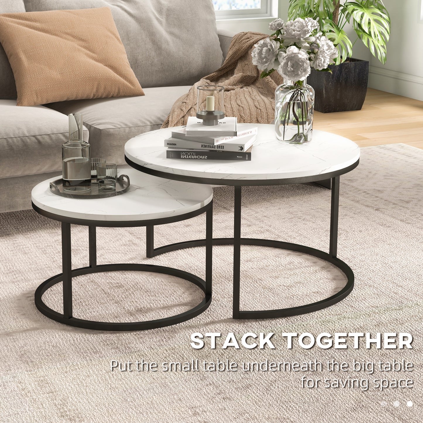 Lot de 2 tables basses modernes avec base en métal, imitation marbre blanc