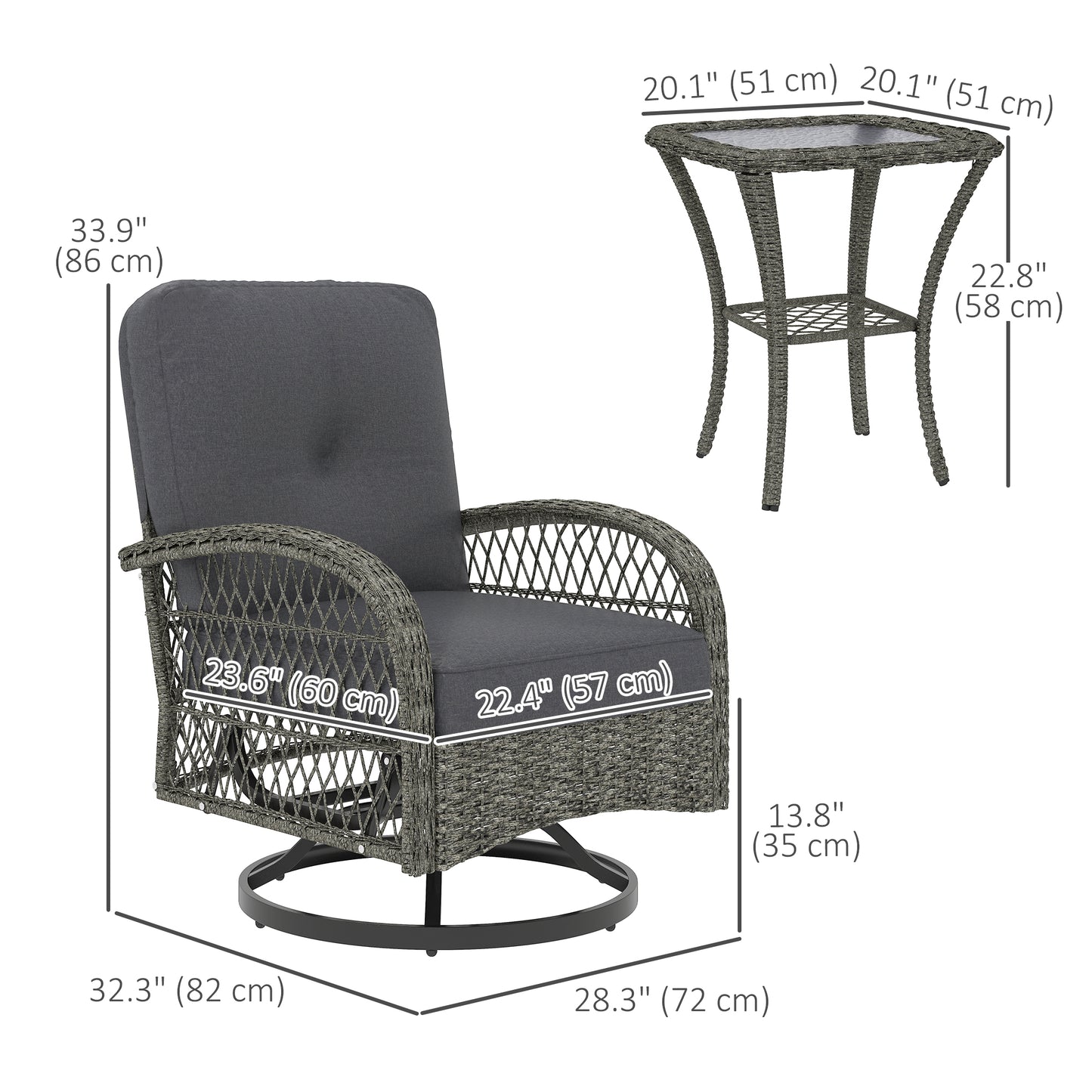Ensemble de jardin 3 pièces en osier avec 2 fauteuils pivotants à bascule et une table basse en verre à deux niveaux, gris