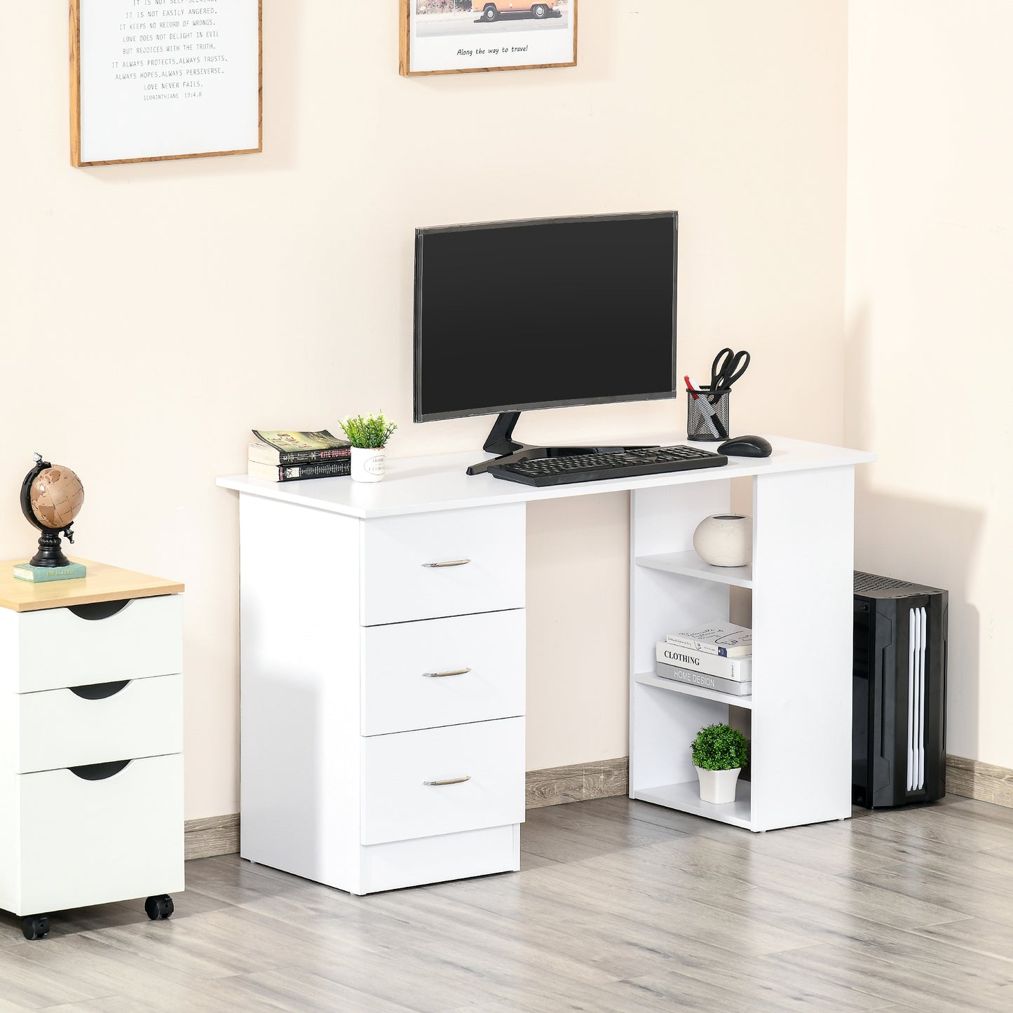Bureau 47 pouces avec étagères de rangement à 3 niveaux, blanc
