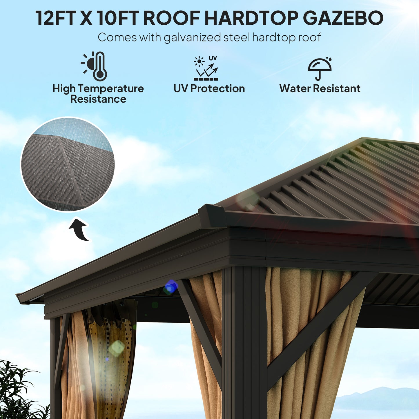 Gazebo 10' x 12' avec toit rigide en métal et cadre en aluminium, filets en maille, marron