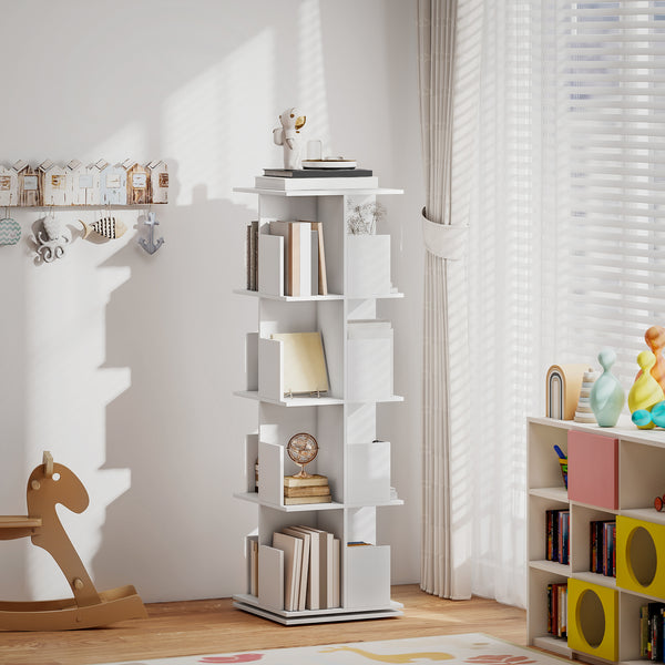 360° Rotating Bookcase with 4 Tiers and 16 Compartments, White Wood
