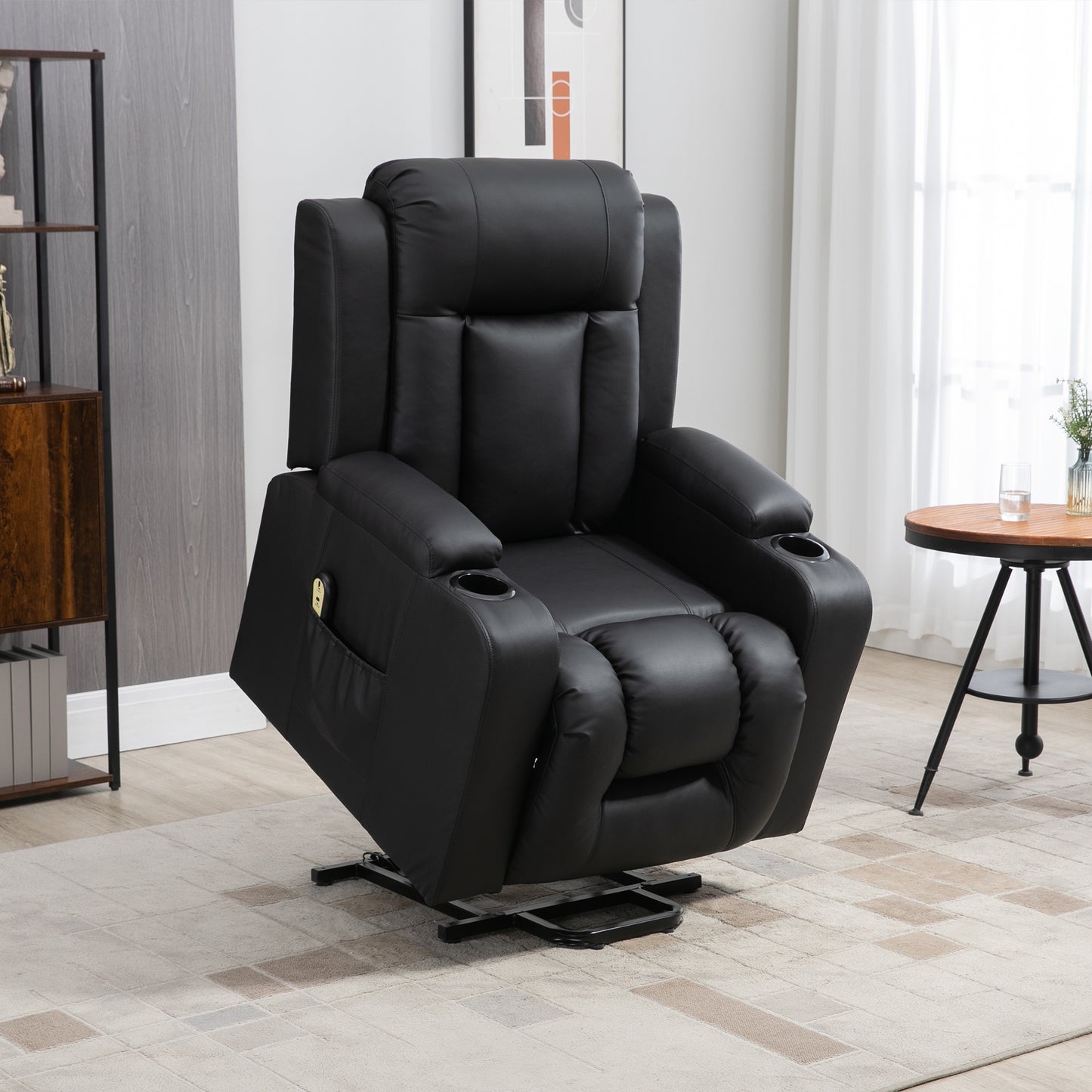 Fauteuil releveur électrique, fauteuil inclinable en cuir PU avec repose-pieds, télécommande, poches latérales et porte-gobelets, noir