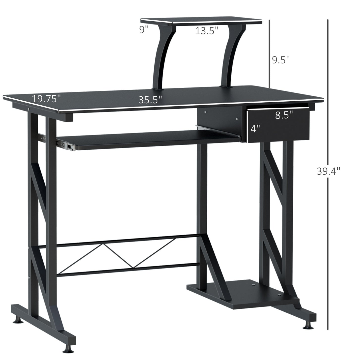 Bureau d'ordinateur avec plateau pour clavier et tiroir, noir
