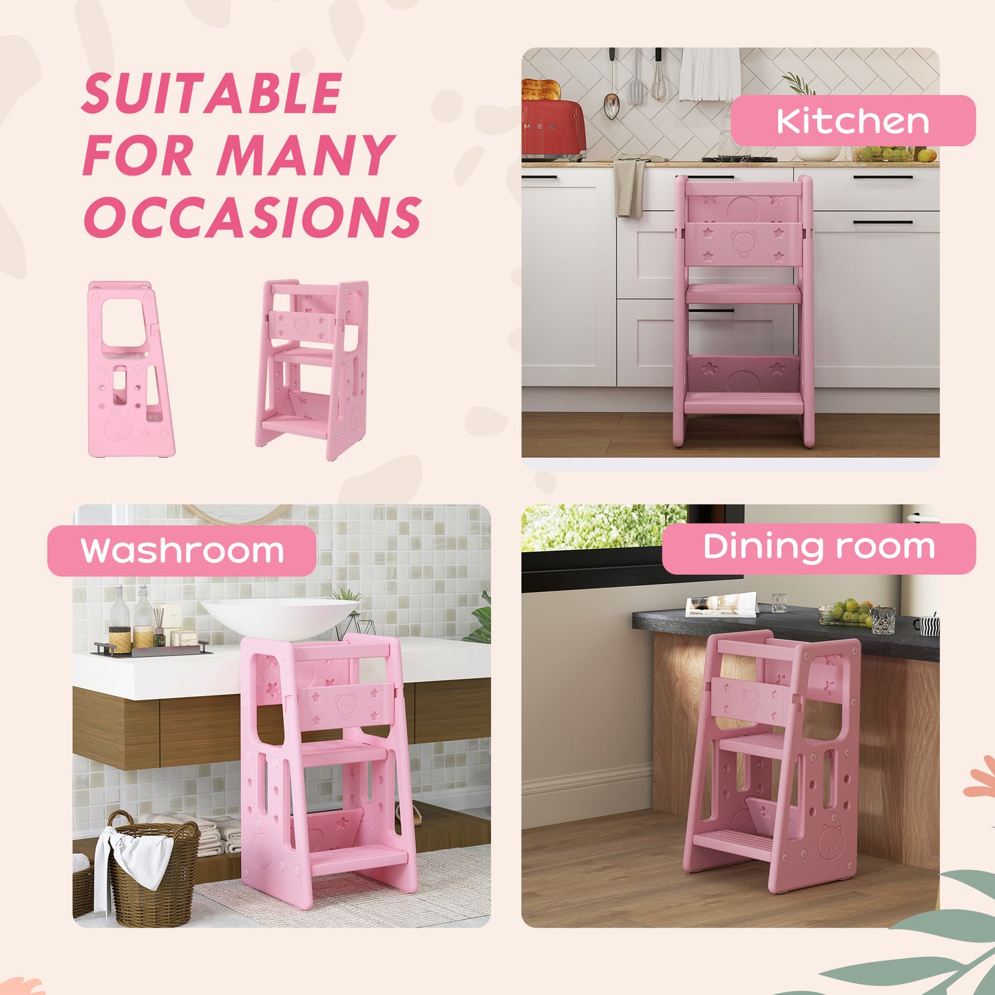Toddler Kitchen Stool, 2 Steps, with Height Adjustable Platform and Safety Rail, Pink
