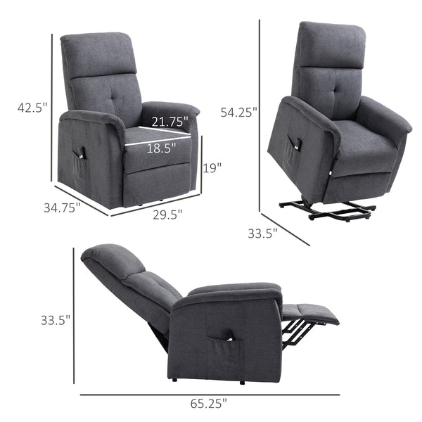 Fauteuil releveur électrique inclinable avec télécommande et poche latérale, gris