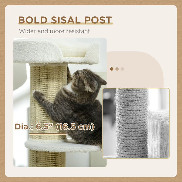 Cat tree with sisal mat, scratching post, basket, cushion and perch, cream white