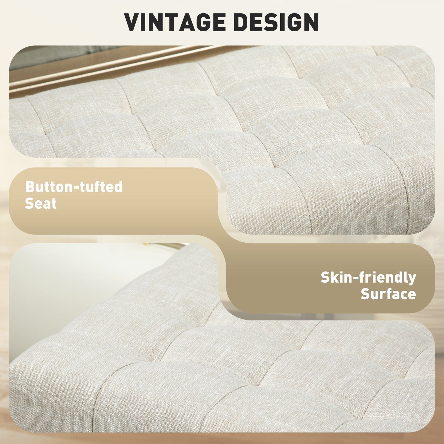 Pouf de rangement, banc de chevet en tissu lin avec capitonnage à boutons, beige