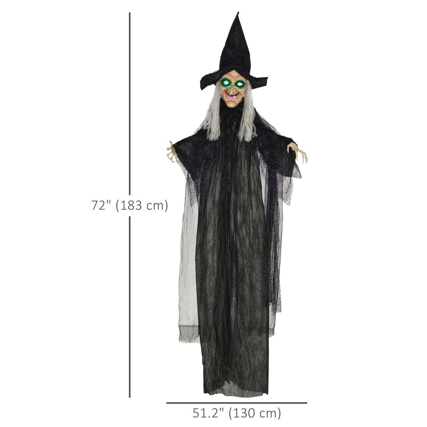 Décoration d'Halloween d'extérieur 1,80 m, sorcière noire grandeur nature, accessoire d'Halloween avec yeux lumineux