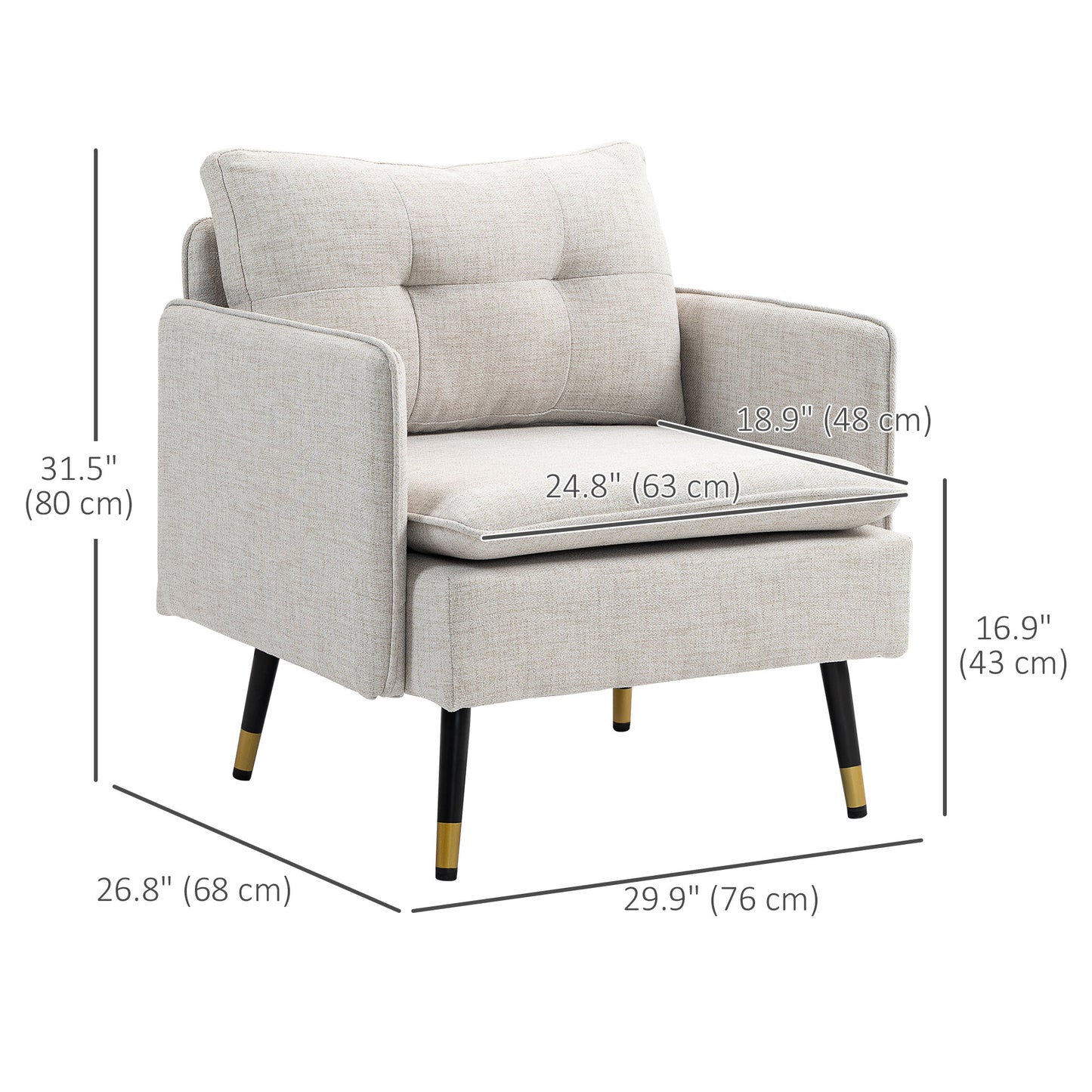 Fauteuil d'appoint moderne rembourré avec coussin de dossier capitonné et pieds en acier pour salon, blanc crème