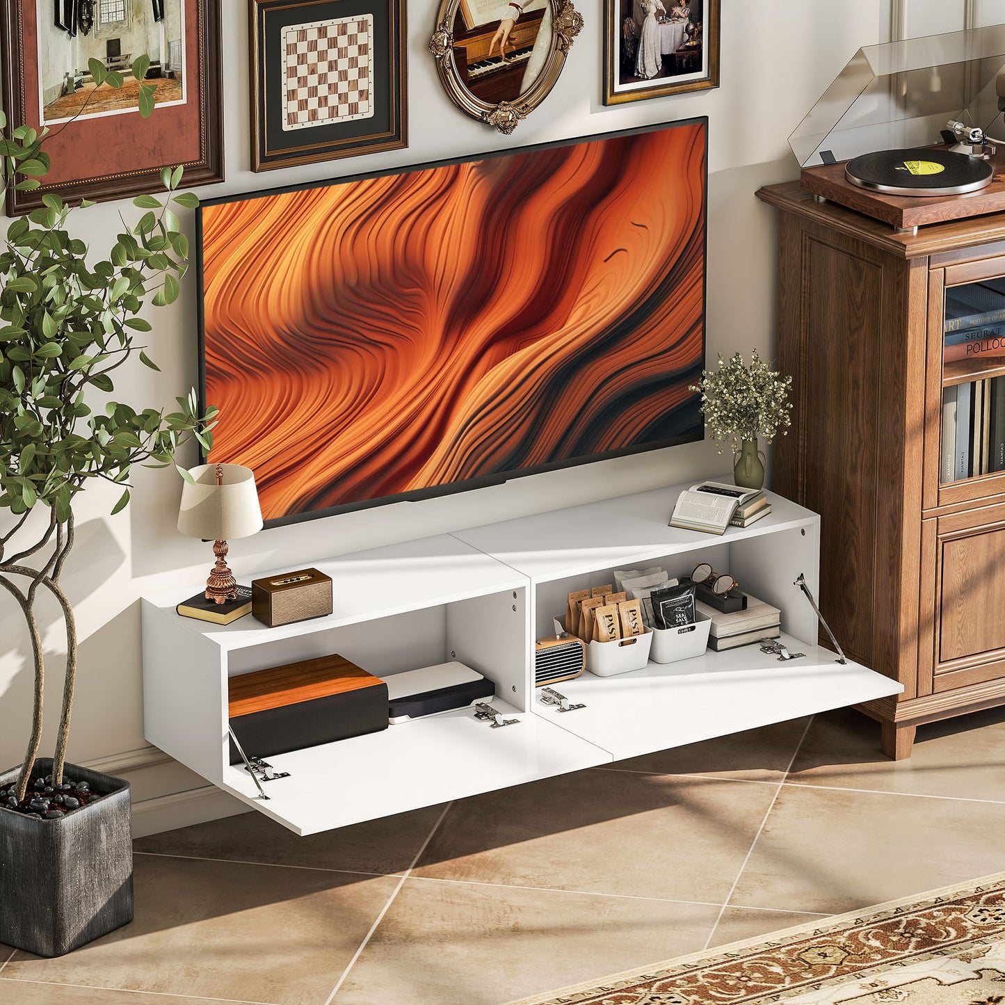 Meuble TV mural avec rangements pour téléviseurs 45, 55 et 65 pouces, blanc