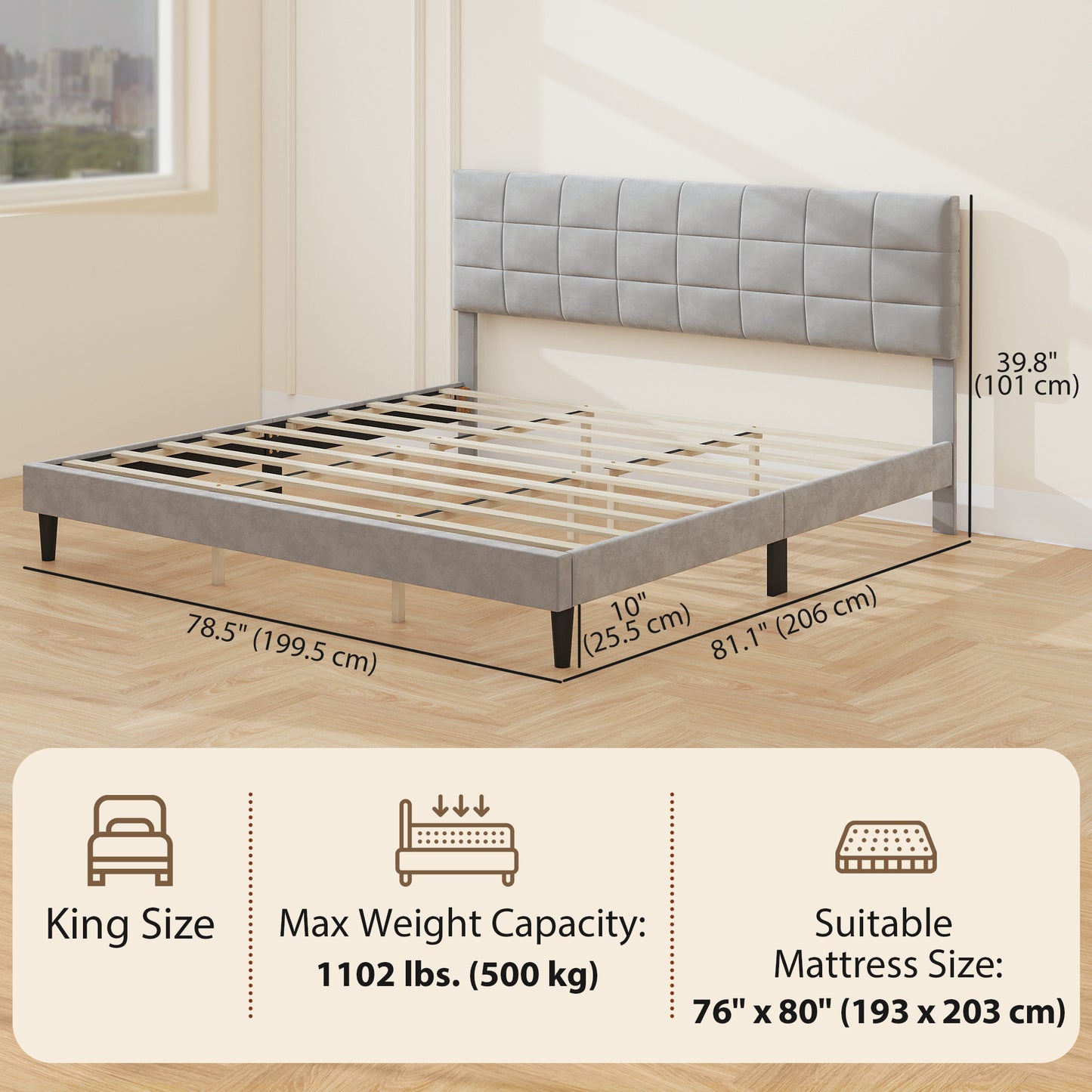 King size bed frame with upholstered headboard, wooden slats, 500 kg load capacity, grey