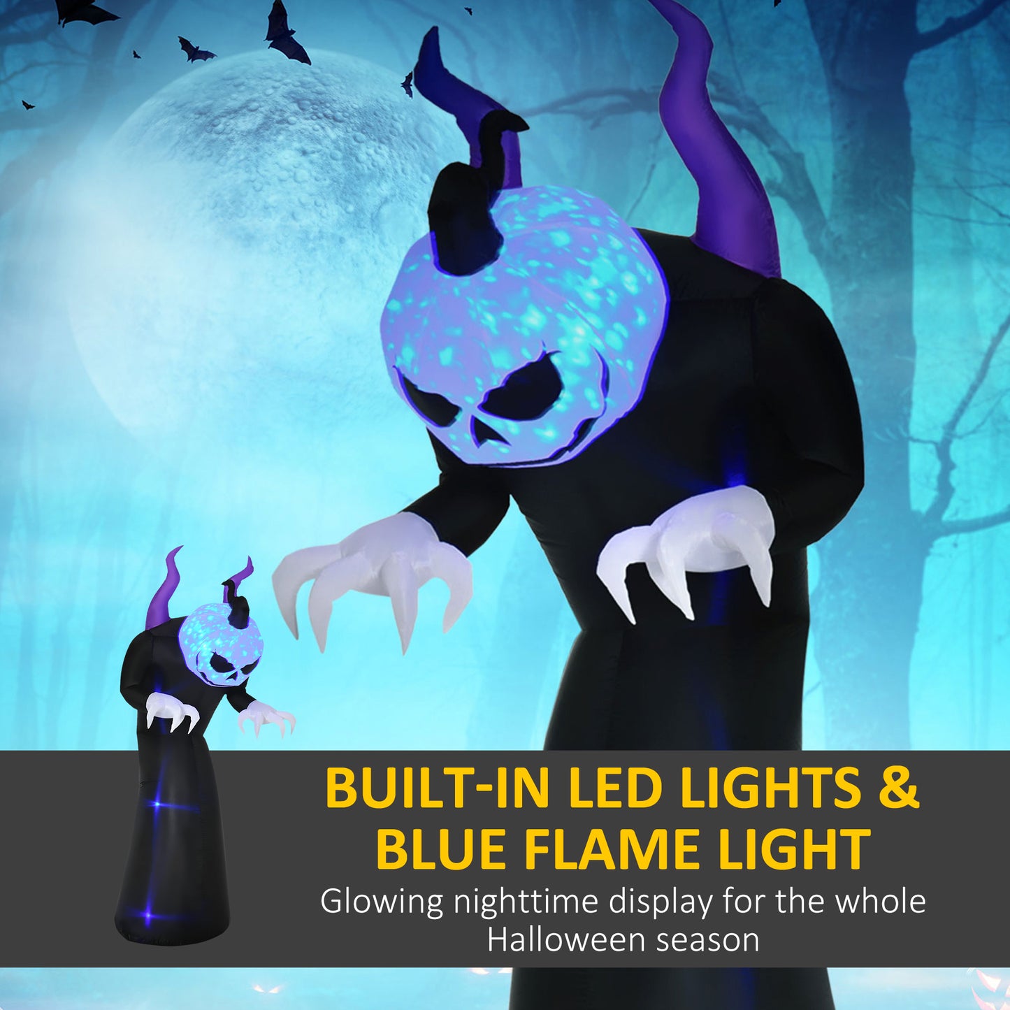 Fantôme gonflable d'Halloween de 2,1 m avec cornes, affichage LED avec effet de flamme