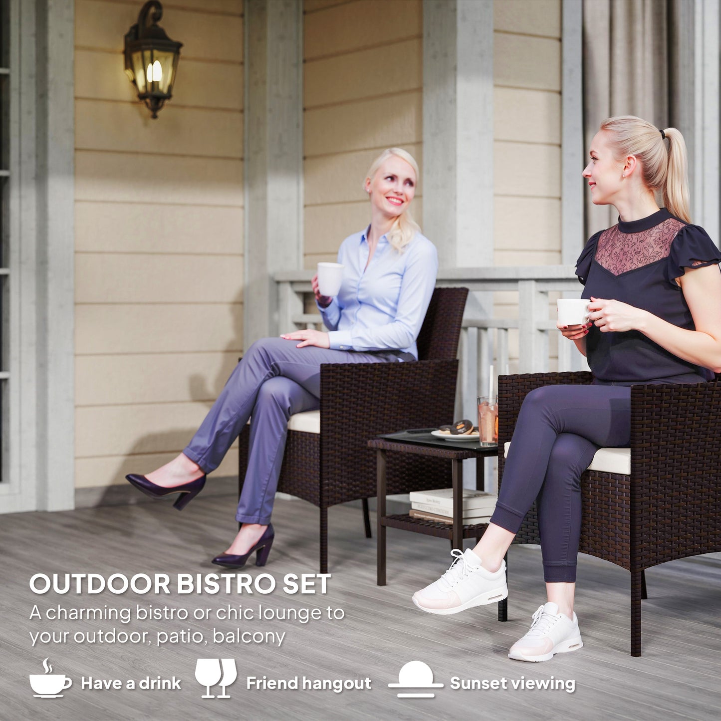 Ensemble bistrot Outsunny en osier, ensemble de 3 meubles de jardin avec table à deux niveaux en verre et coussins pour balcon et véranda, beige