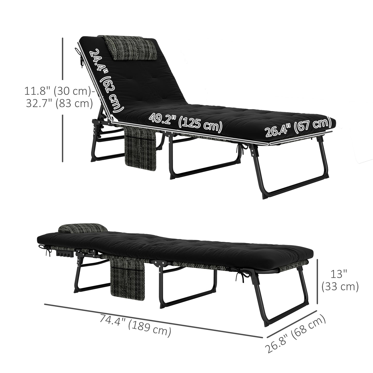 Lot de 2 chaises de bronzage avec coussin, poche latérale, appui-tête, noir