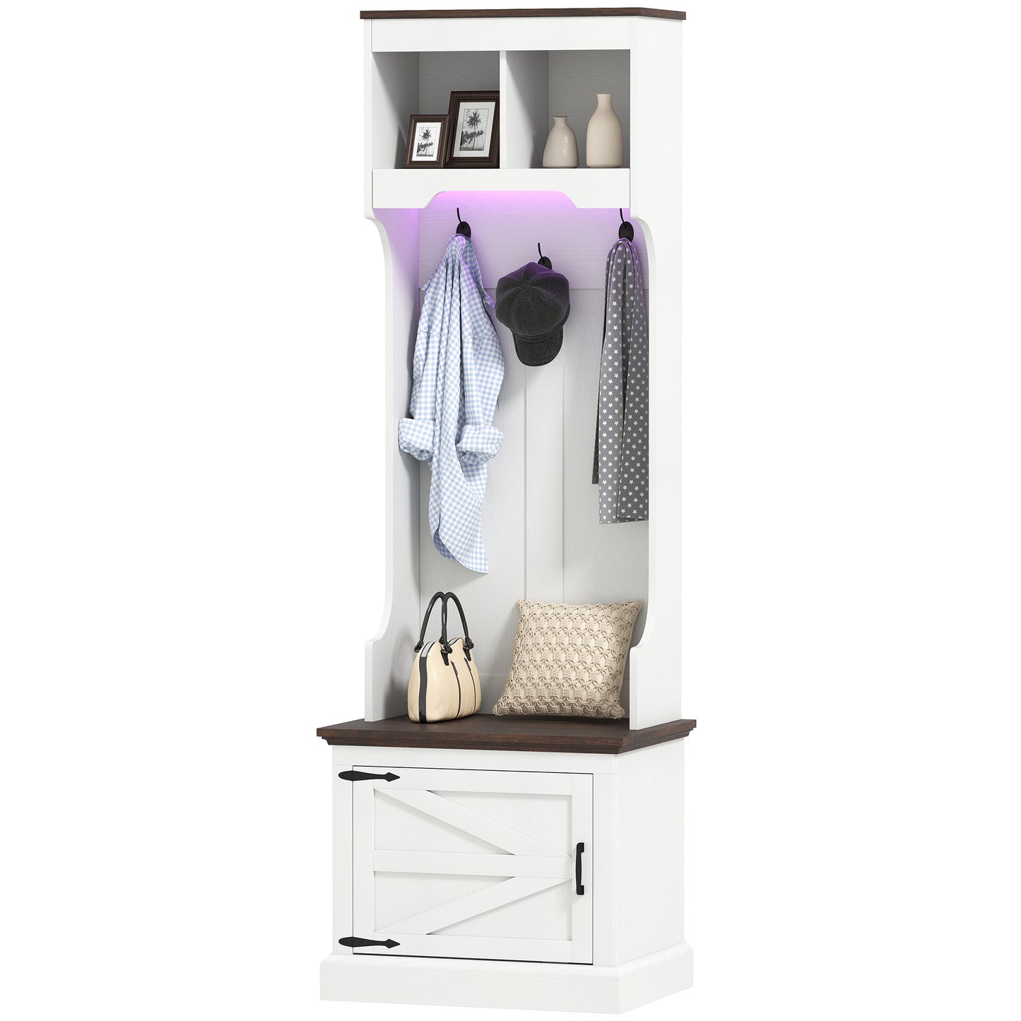 Meuble d'entrée 3 en 1 avec éclairage LED et banc, porte-manteau et rangement pour chaussures, grain de bois blanc