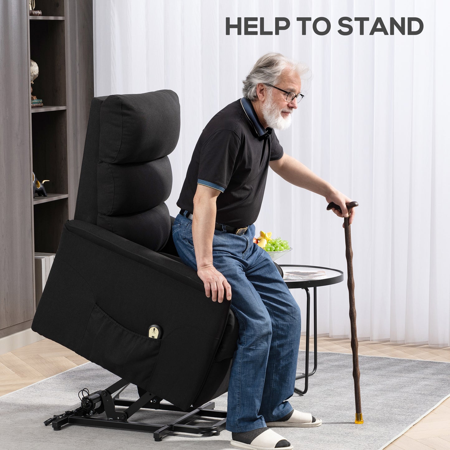 Fauteuil releveur et inclinable électrique avec télécommande, poches latérales, noir