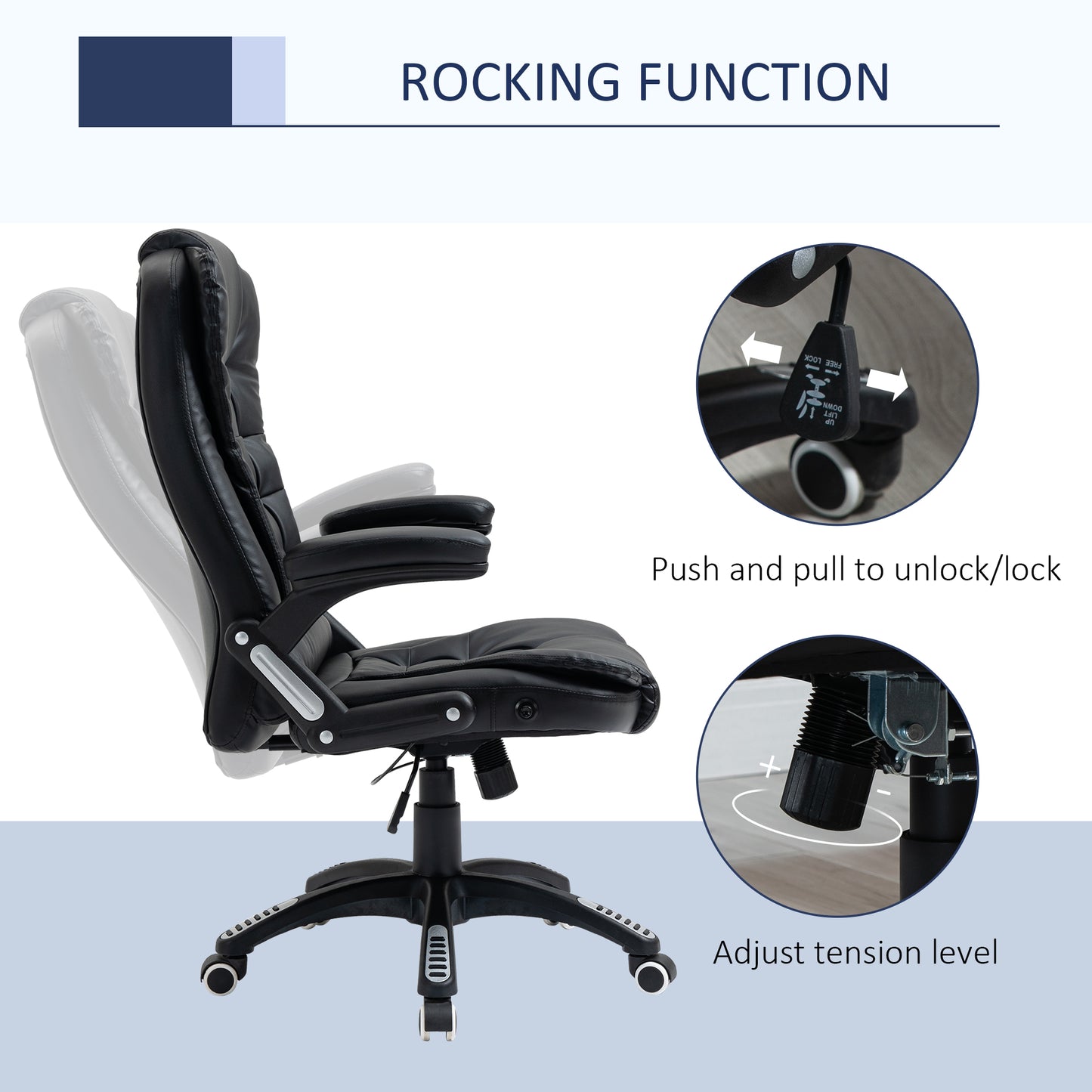 Fauteuil de bureau en cuir synthétique, inclinable, avec roulettes pivotantes, accoudoirs, hauteur réglable, dossier haut, noir