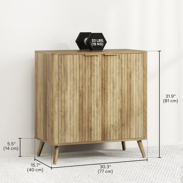 Buffet moderne avec 2 portes cannelées et étagère réglable pour cuisine et salon, Naturel