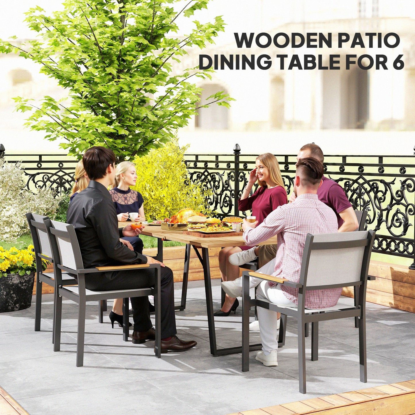 Table à manger d'extérieur en bois pour 6 personnes avec trou pour parasol, plateau à lattes, structure en métal