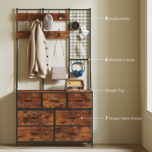 4-in-1 Coat Rack with 7-Drawer Fabric Chest and 14 Hooks, Rustic Brown