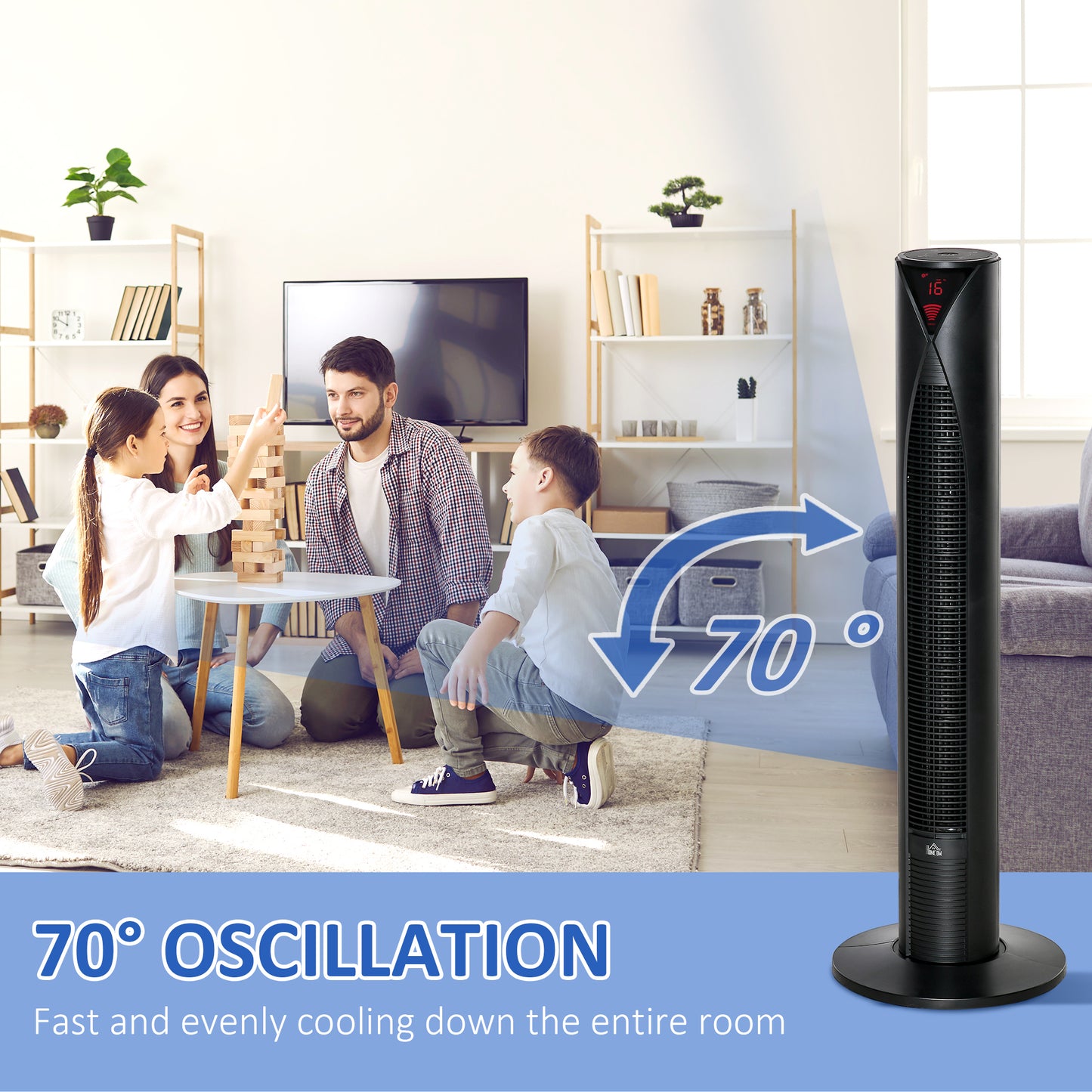 Ventilateur tour autonome avec 3 vitesses, minuterie 12 h, oscillant, panneau de capteur LED, télécommande, noir