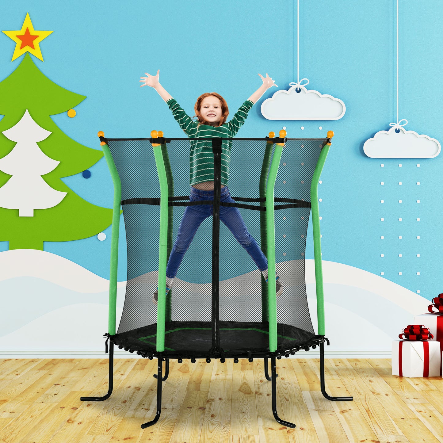 64" Kids Indoor/Outdoor Trampoline with Enclosure Net, Thick Padded Elastic Pole, for Ages 3-10, Green