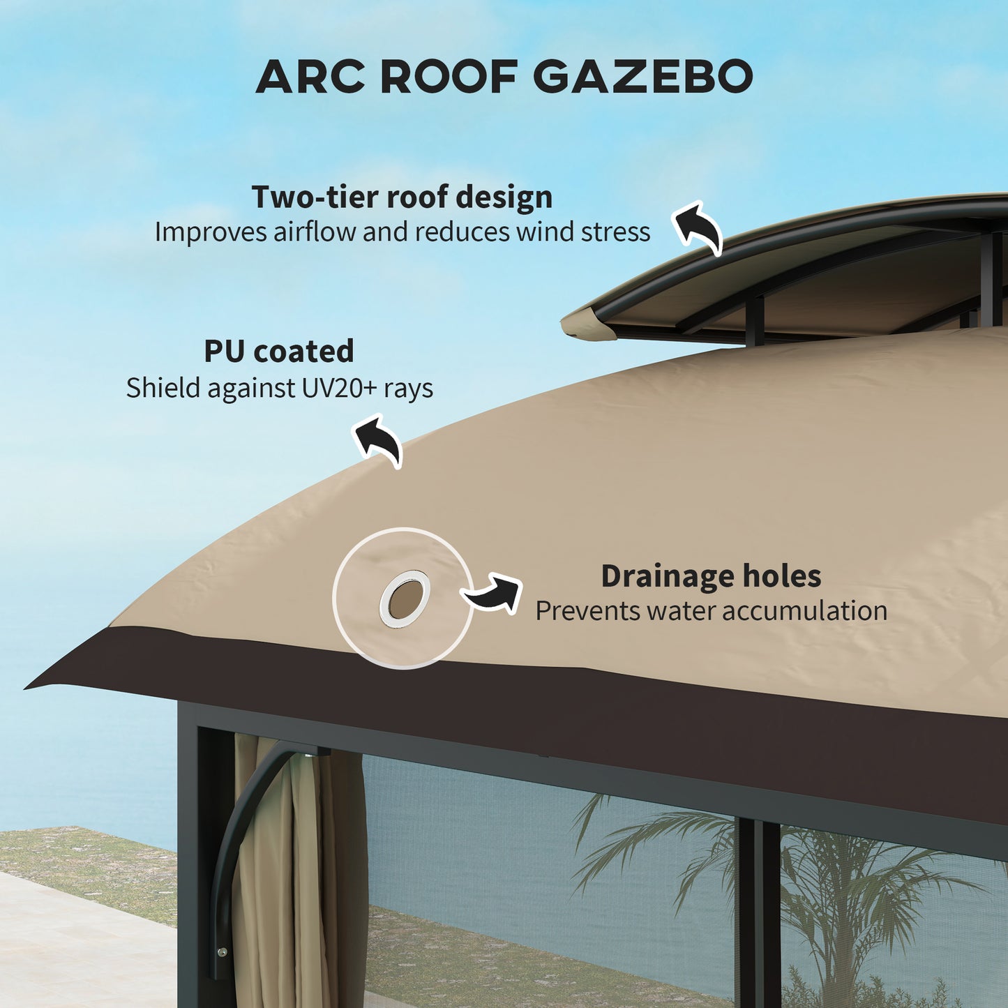 Outsunny 11' x 13' Double Roof Gazebo with Mosquito Netting and Curtains, Galvanized Metal Frame, Khaki