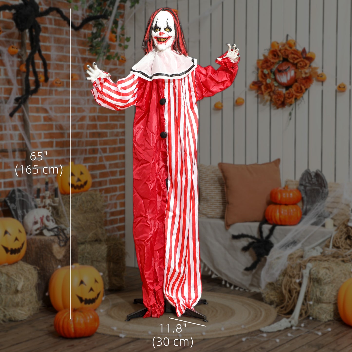 Clown animé grandeur nature pour Halloween, yeux rouges lumineux, activées par le son, fonctionne sur piles