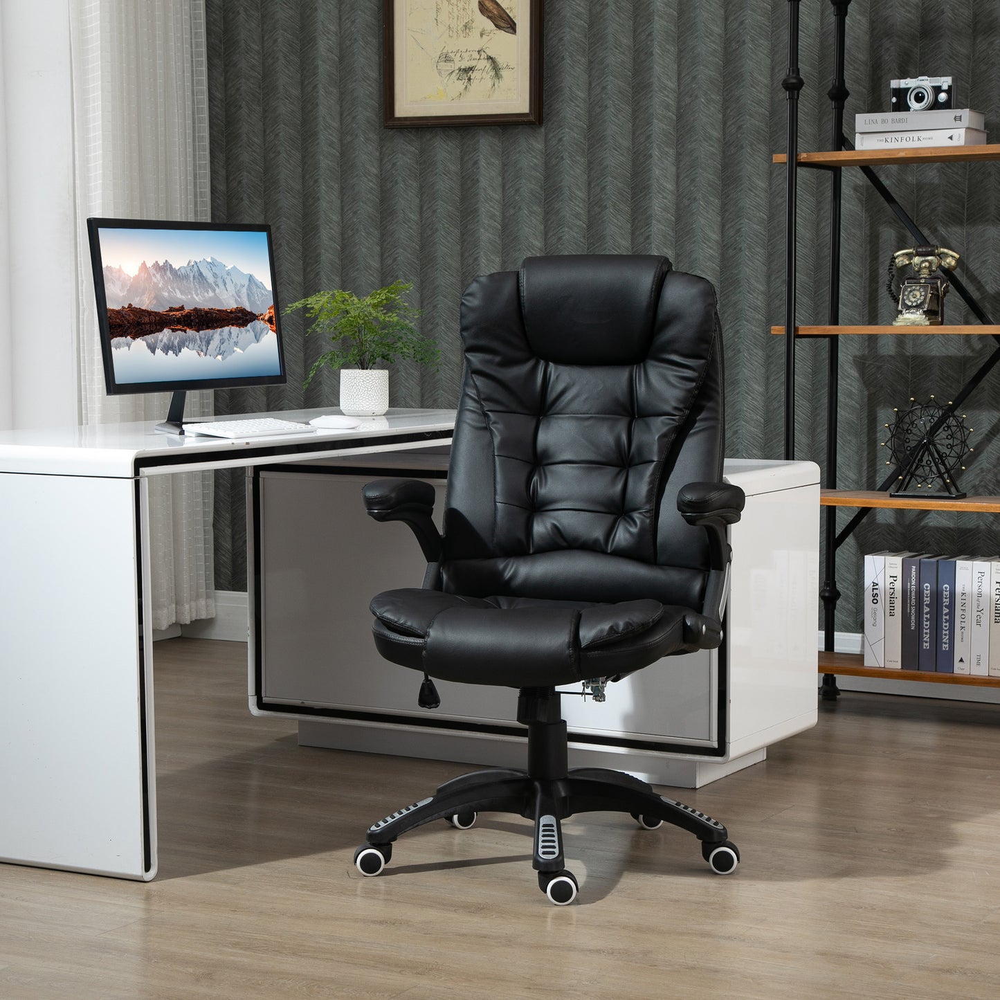 Fauteuil de bureau en cuir synthétique, inclinable, avec roulettes pivotantes, accoudoirs, hauteur réglable, dossier haut, noir