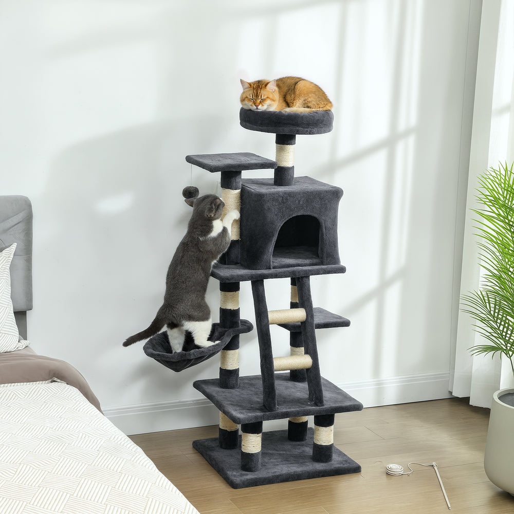 Grand arbre à chat de 132 cm pour chats d'intérieur, gris foncé