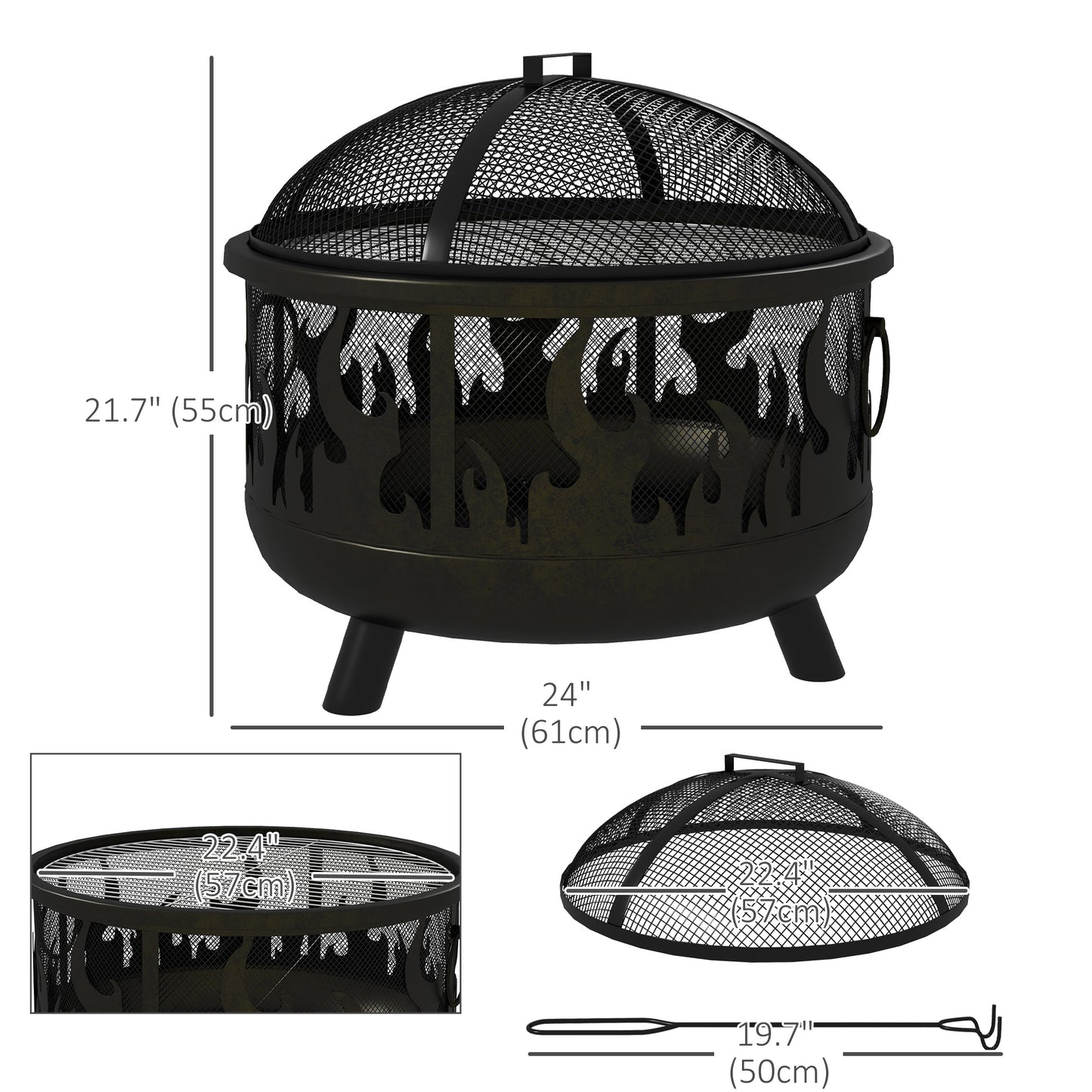 Foyer d'extérieur en métal rond de 61 cm avec couvercle et poignées de barbecue pour jardin, camping, barbecue, feu de joie, noir