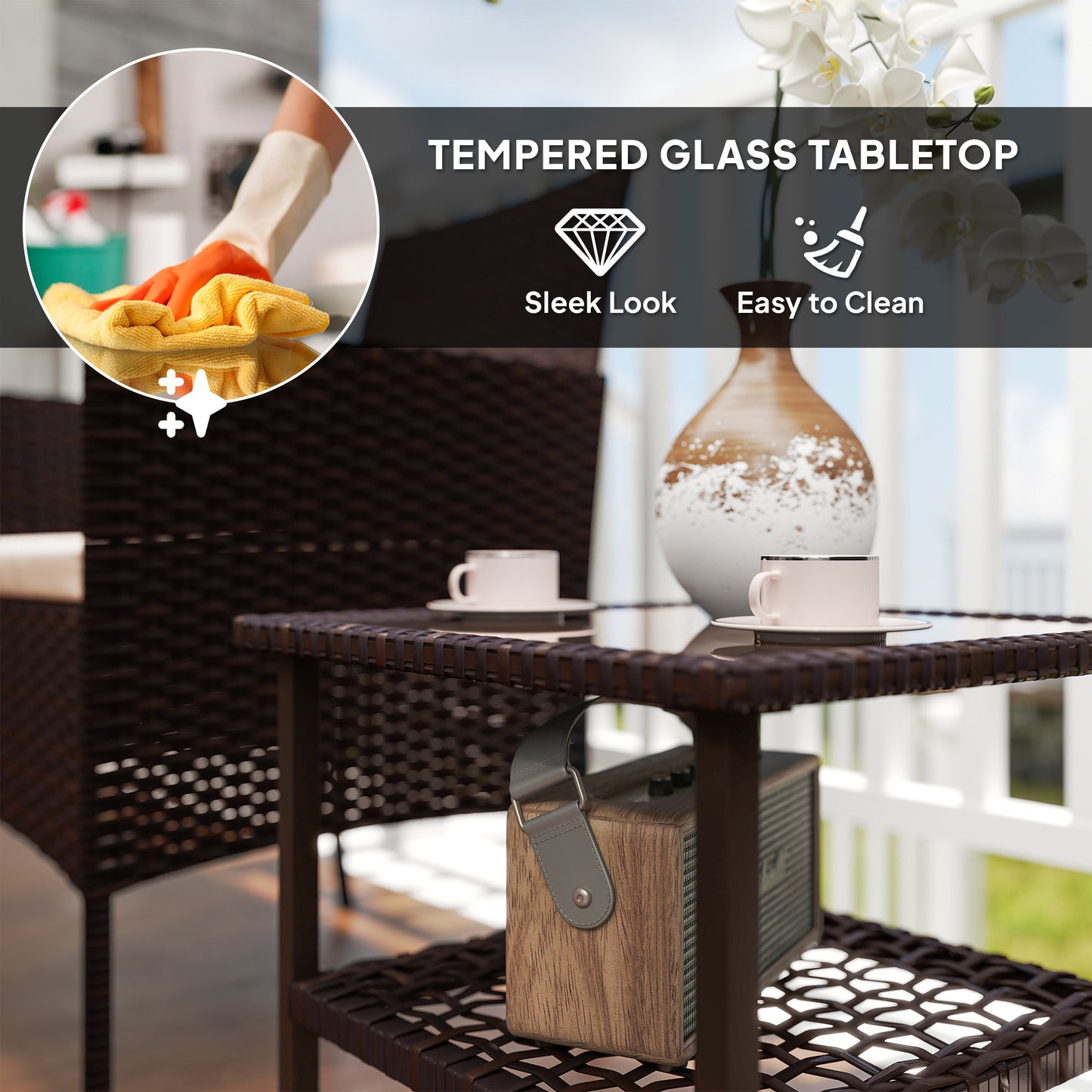 Ensemble bistrot Outsunny en osier, ensemble de 3 meubles de jardin avec table à deux niveaux en verre et coussins pour balcon et véranda, beige