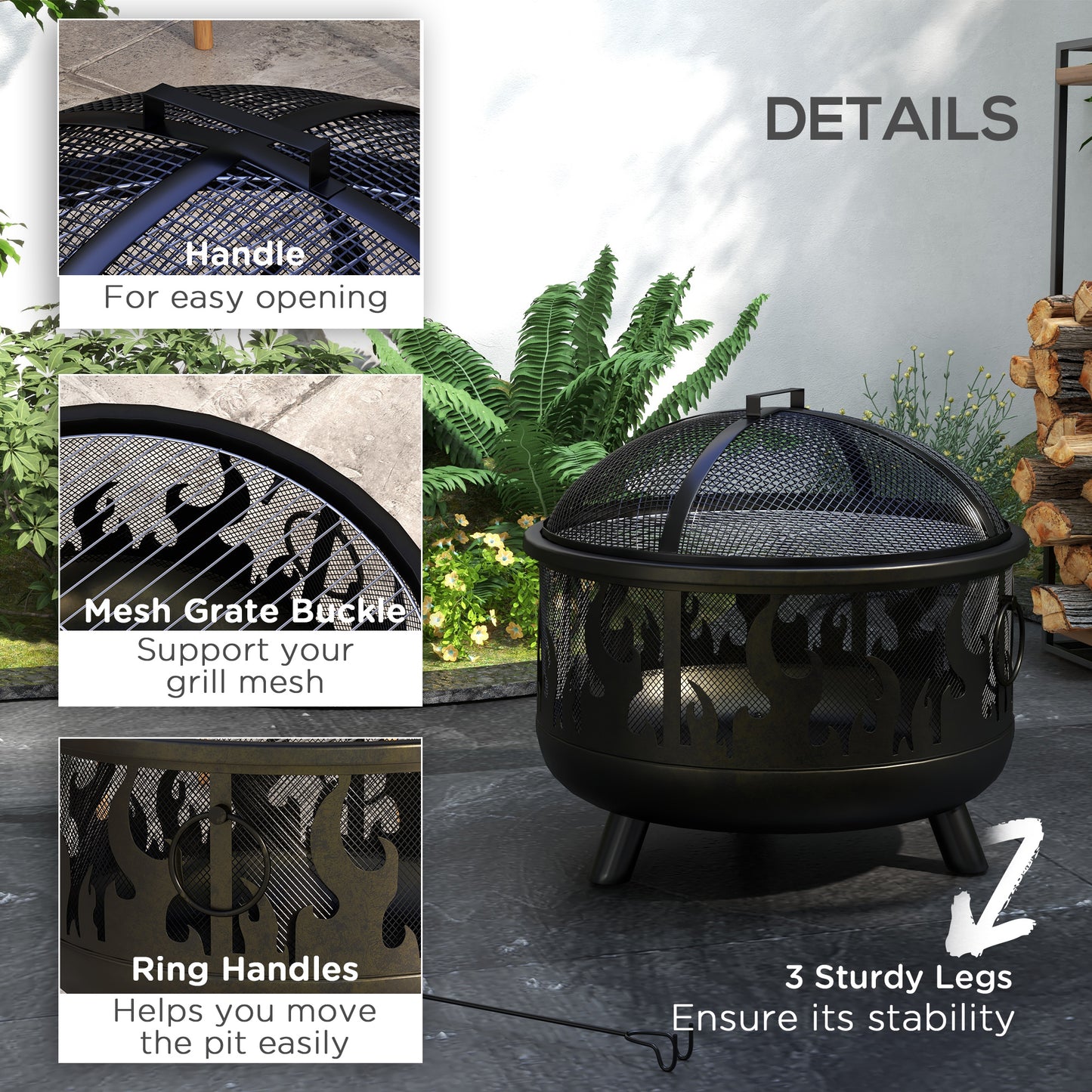 Foyer d'extérieur en métal rond de 61 cm avec couvercle et poignées de barbecue pour jardin, camping, barbecue, feu de joie, noir