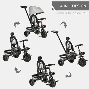Tricycle 4 en 1 avec siège réglable et réversible, auvent et ceinture, gris