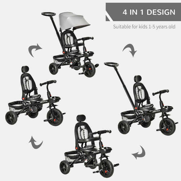 Tricycle 4 en 1 avec siège réglable et réversible, auvent et ceinture, gris