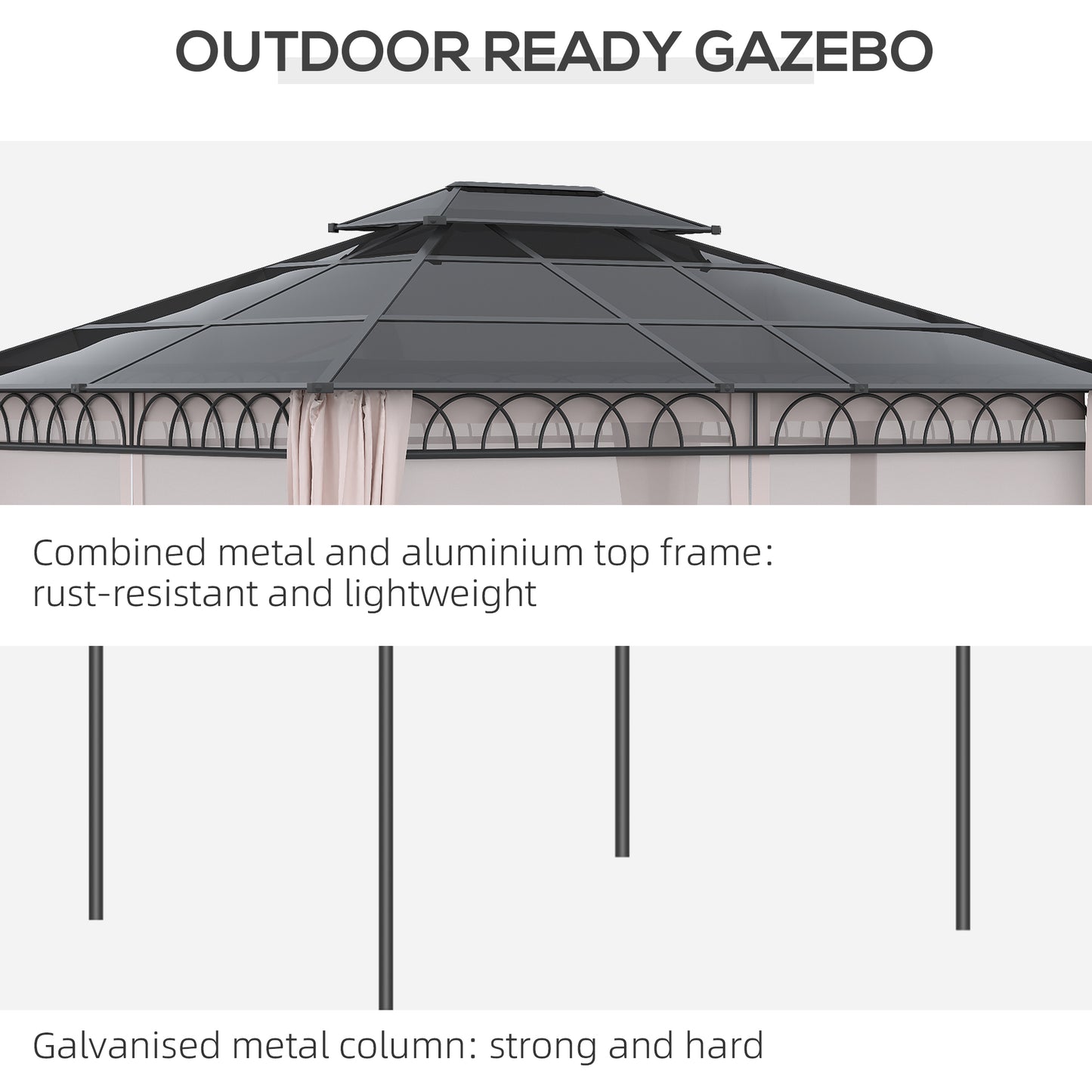 Gazebo 10' x 12' avec toit rigide double PC, structure en acier, filets et rideaux, kaki