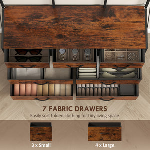 4-in-1 Coat Rack with 7-Drawer Fabric Chest and 14 Hooks, Rustic Brown