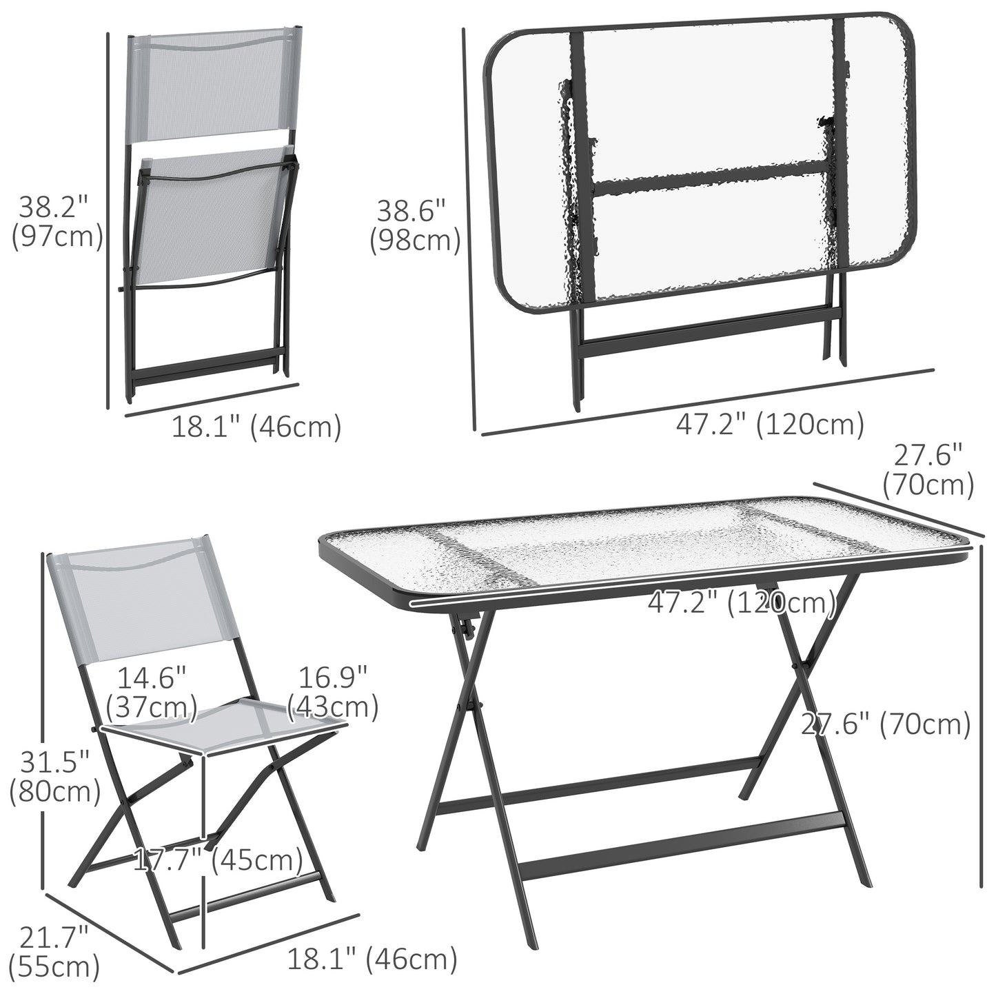 5 Piece Folding Garden Dining Set with 4 Seater Chairs and Large Rectangular Glass Table, Grey